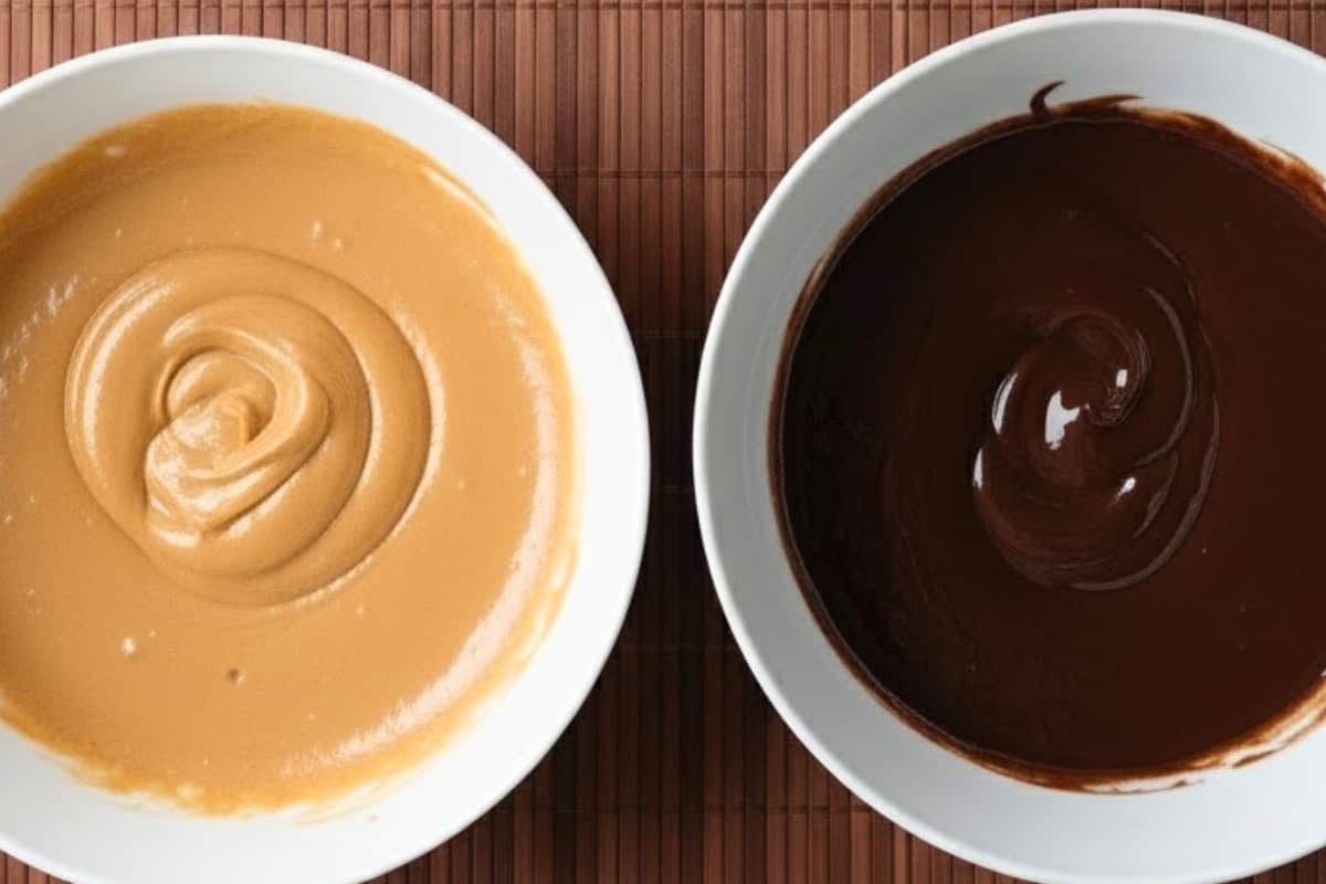 Whisk the peanut flour and sweetener until smooth. In another bowl, mix the cocoa, sweetener, and warm water to make the chocolate sauce. - 7
