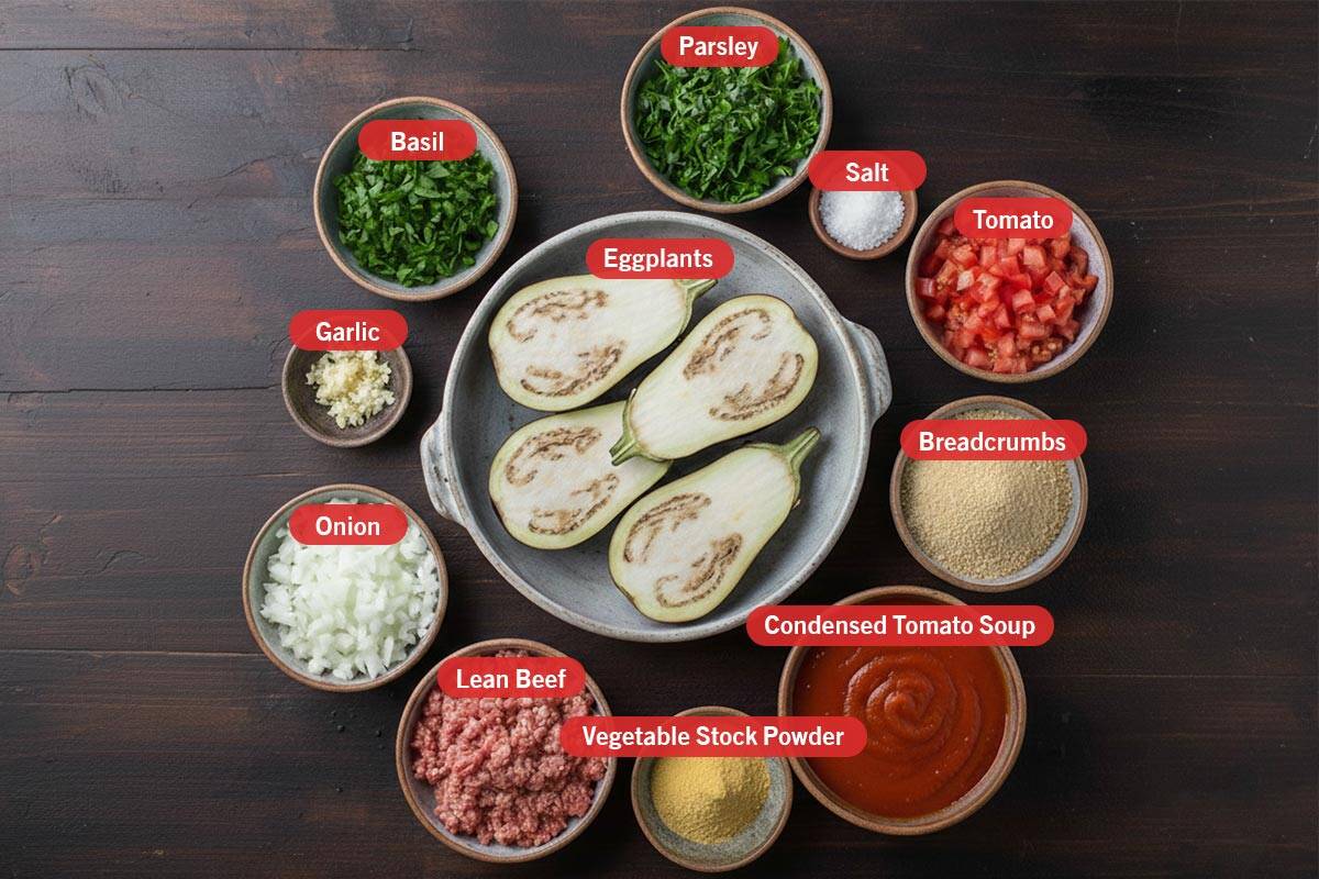 Top shot of ingredients: parsley, salt, tomato, breadcrumbs, condensed tomato soup, vegetable stock powder, lean beef, onion, garlic, basil, and eggplants.