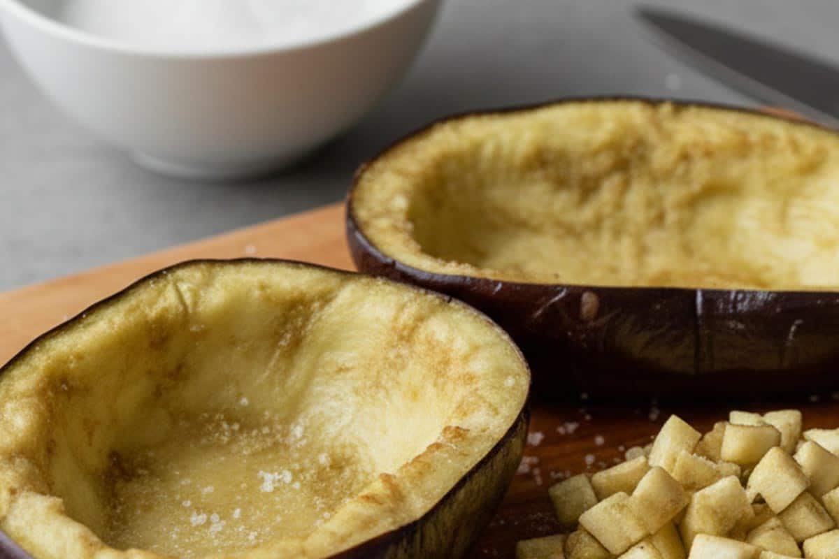 Scooped out the flesh of the eggplants.