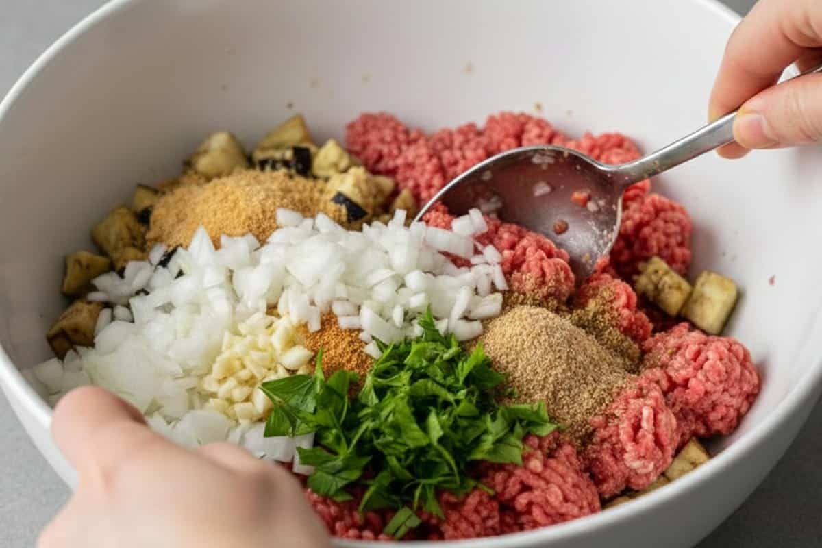 Mixing the filling in a bowl.