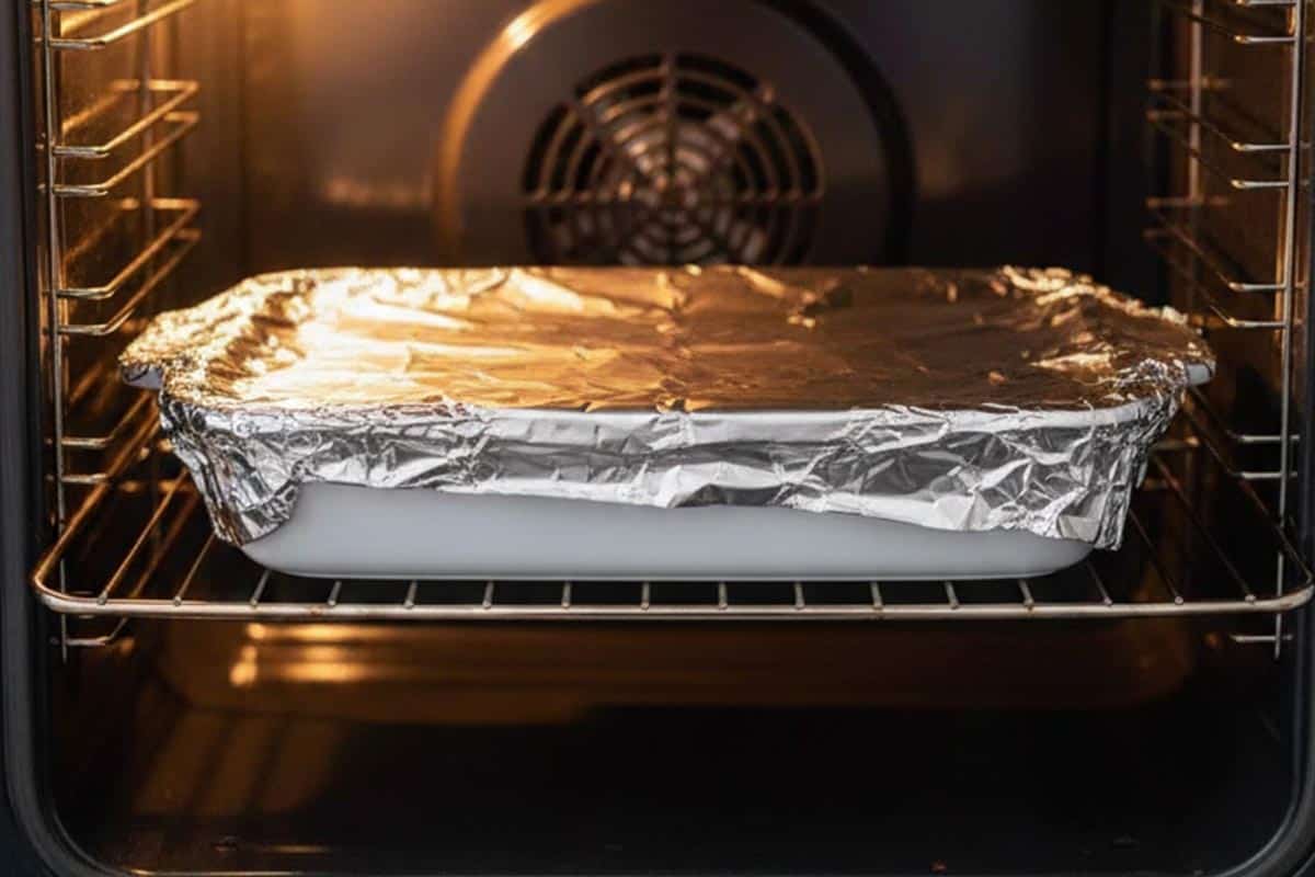 Baking the dish in the oven covered with foil.
