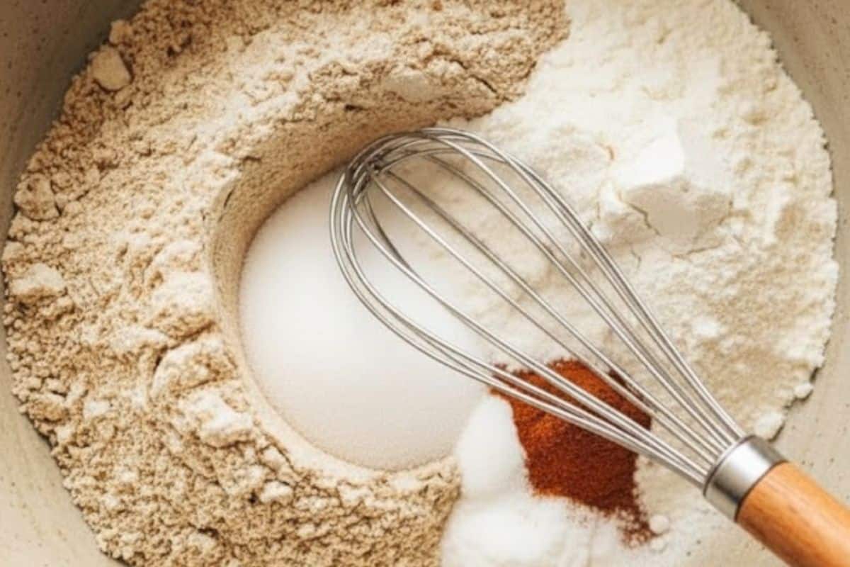 In a large bowl whisk together the flours, sugar, cinnamon, baking powder, baking soda, and salt