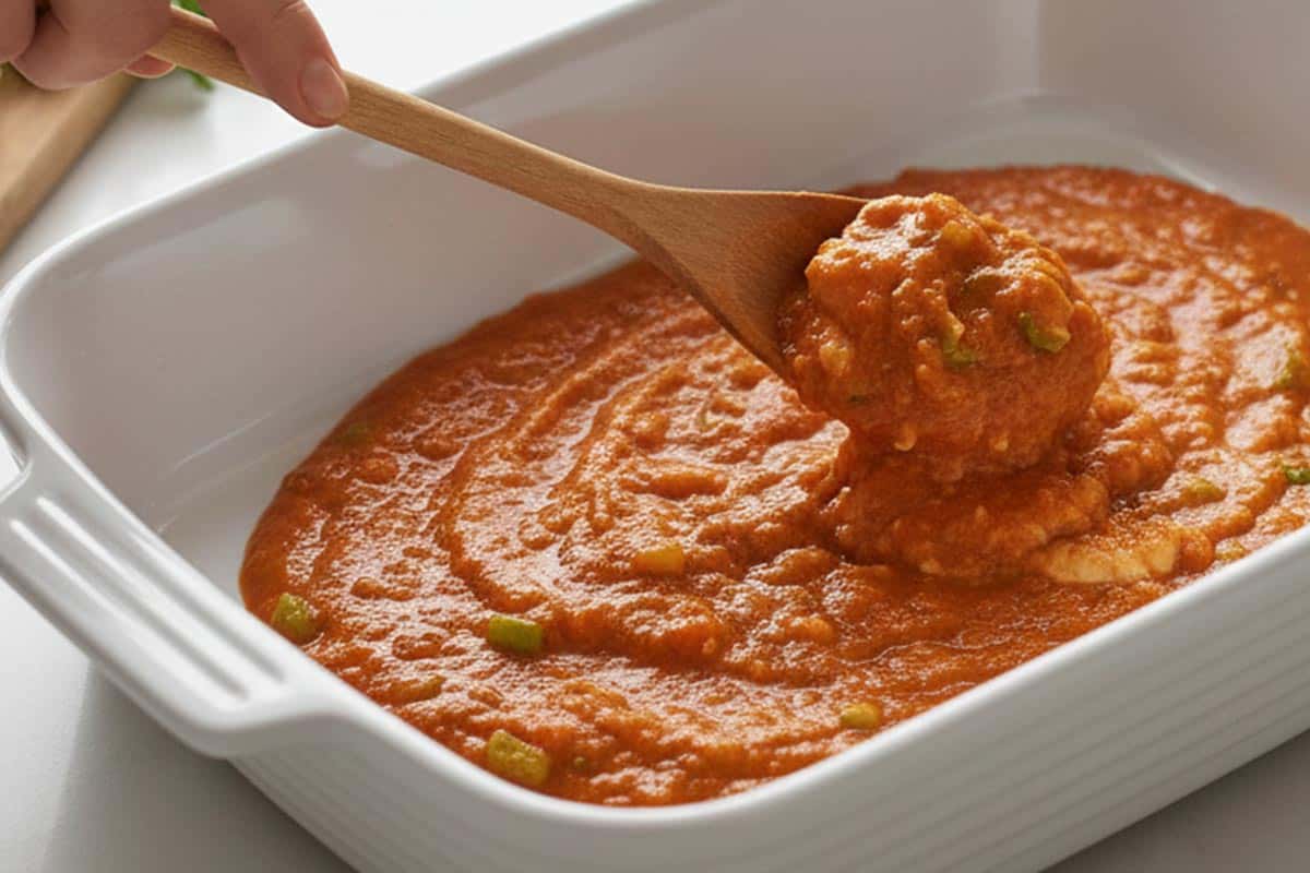 Spreading the chicken mixture in the dish. - 7