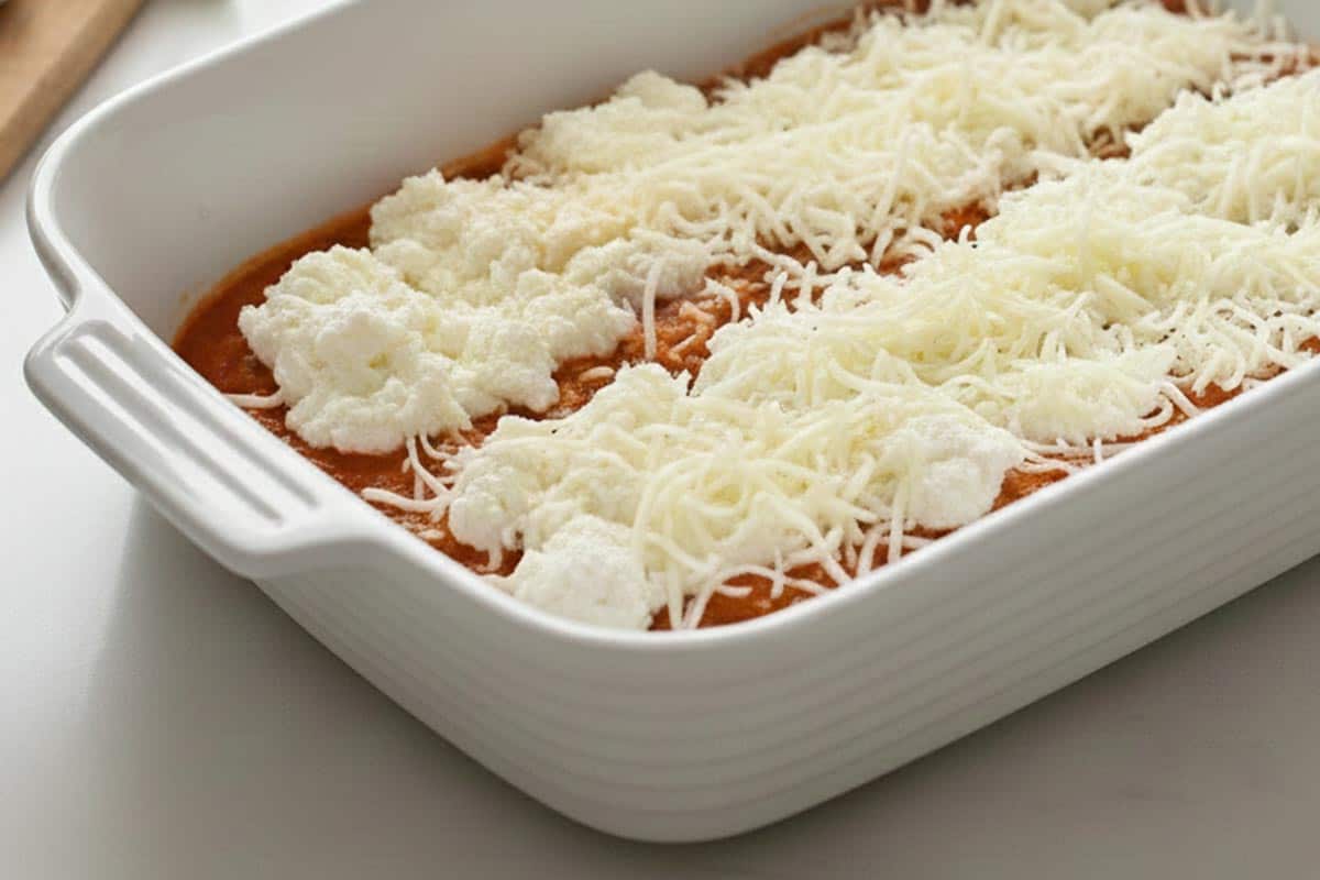 Added ricotta over the sauce and sprinkled with half of the mozzarella. - 8