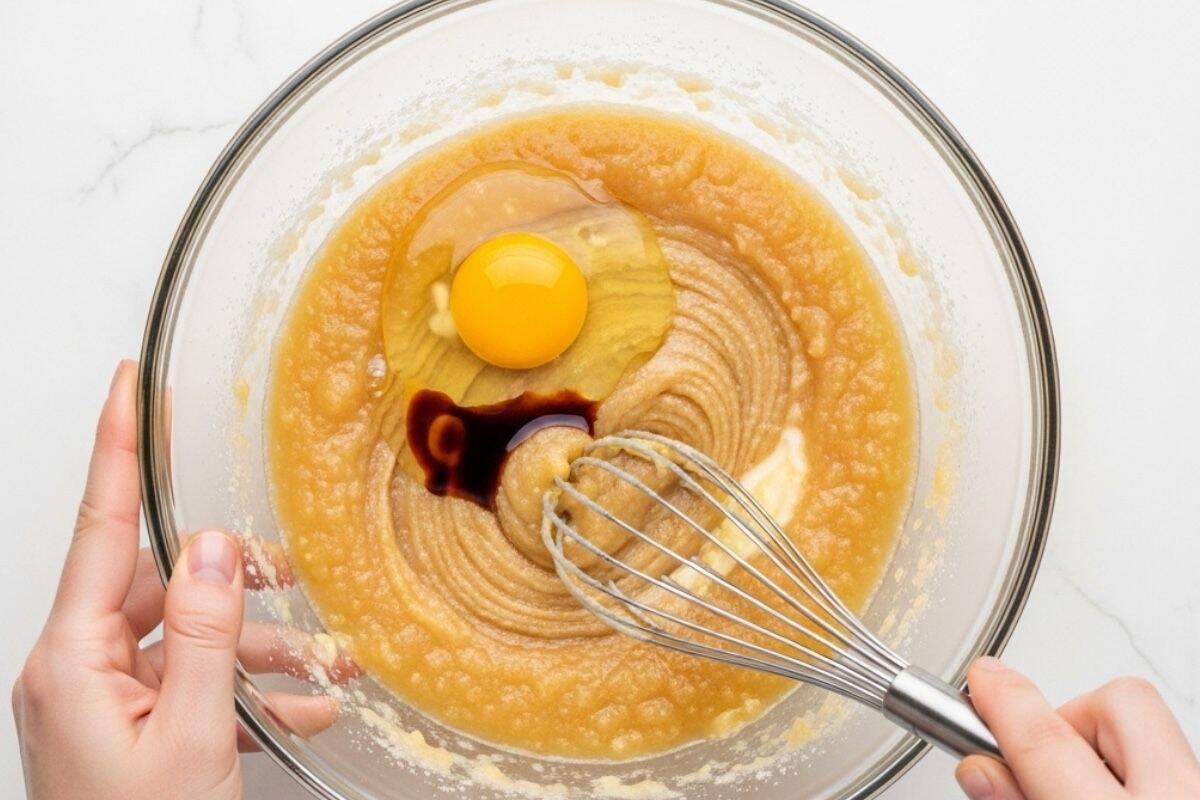 In a bowl, whisk together the sugar, sweetener, butter, and applesauce until smooth. Add the egg and vanilla extract, then whisk until the mixture is light and creamy.