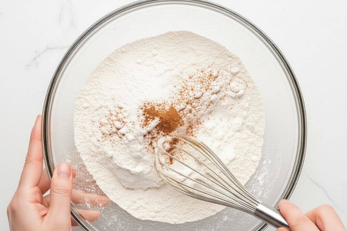 In a bowl, combine flour, baking powder, cinnamon powder and salt.