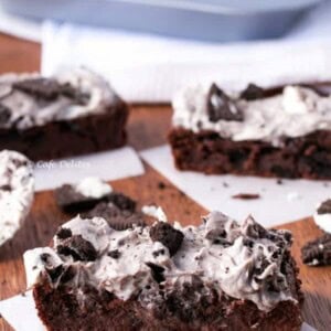 Cookies and Cream Brownies pieces on a wooden table