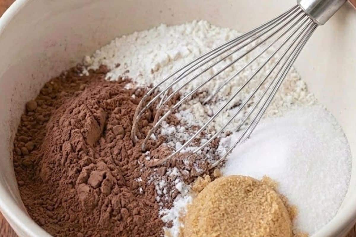 Whisk flour, cocoa powder, sweetener, sugar, and baking powder in a bowl - 4
