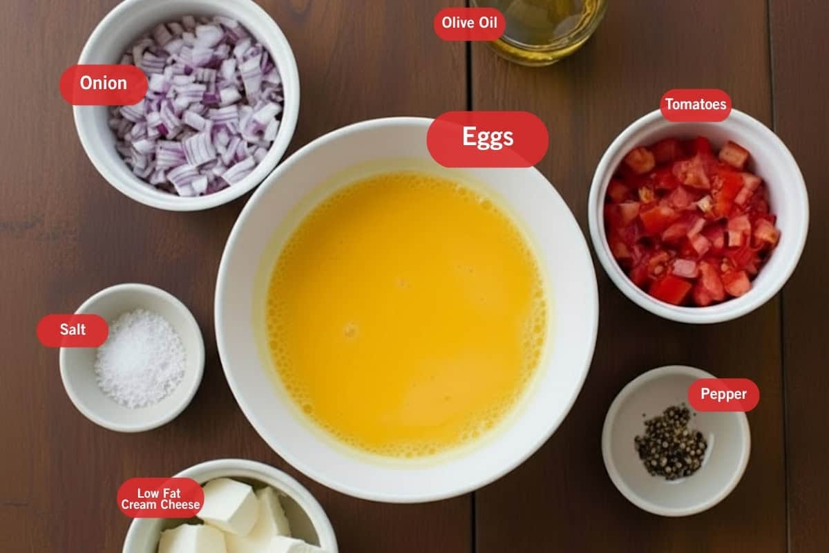 Flat lay photo of ingredient shot of onion, olive oil, tomatoes, salt, egg,s, pepper, low fat cream cheese,