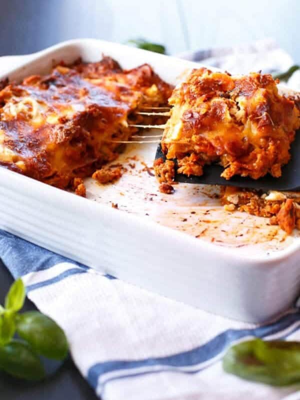 A piece being taken from Chicken Pumpkin and Ricotta Lasagna
