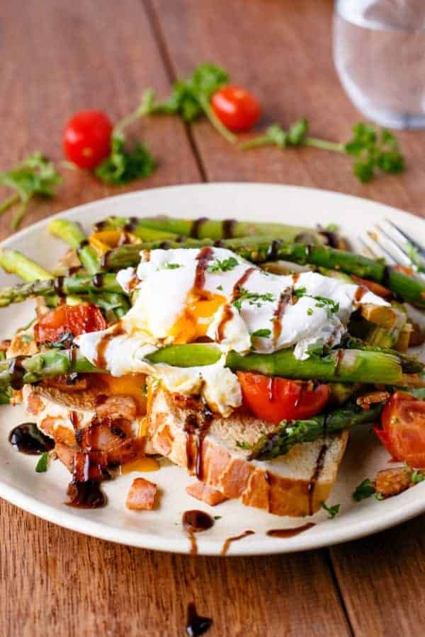 Pan Fried Asparagus with Poached Eggs Bruschetta - Cafe Delites