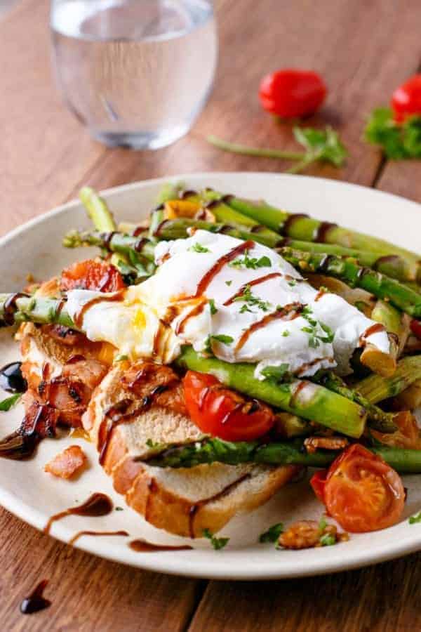 Pan Fried Asparagus with Poached Eggs Bruschetta-image