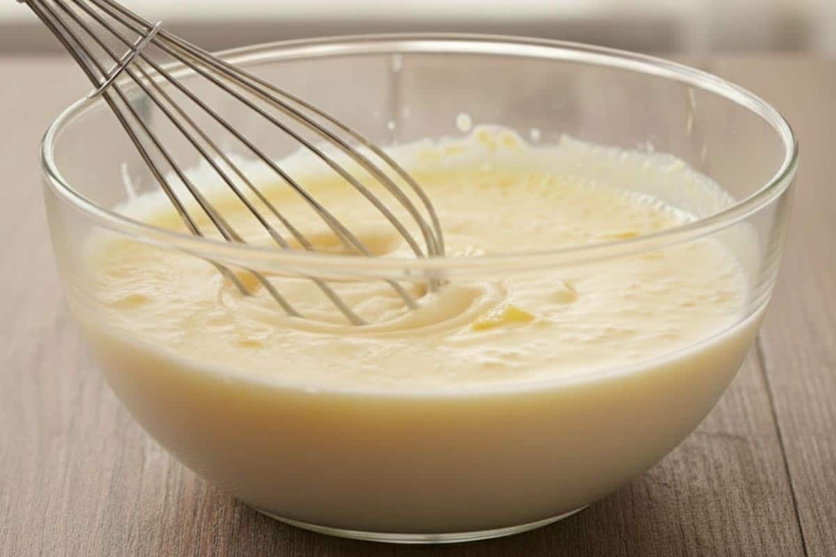 Whisking the egg, coconut milk, crushed pineapple, and vanilla in a bowl.