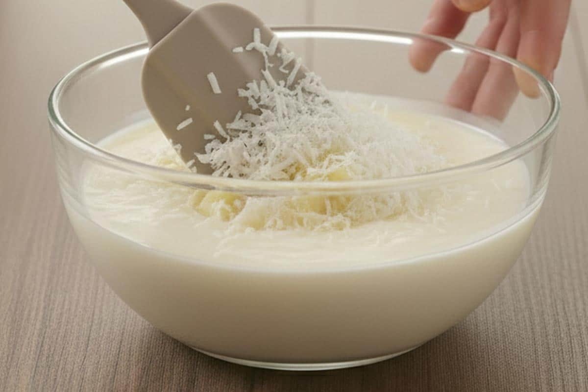 Mixing all the creamy coconut stuffing ingredients in a separate bowl.