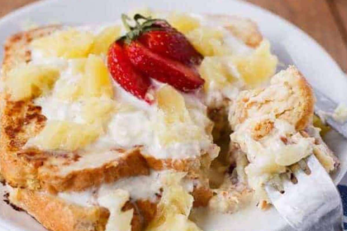 Close-up shot of Piña Colada French Toast.