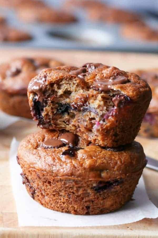 Fluffy Healthy Banana Muffins with juicy blueberries and melt Banana and Blueberry Chocolate Chip Muffins