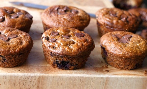 Fluffy Healthy Banana Muffins with juicy blueberries and melt Banana and Blueberry Chocolate Chip Muffins