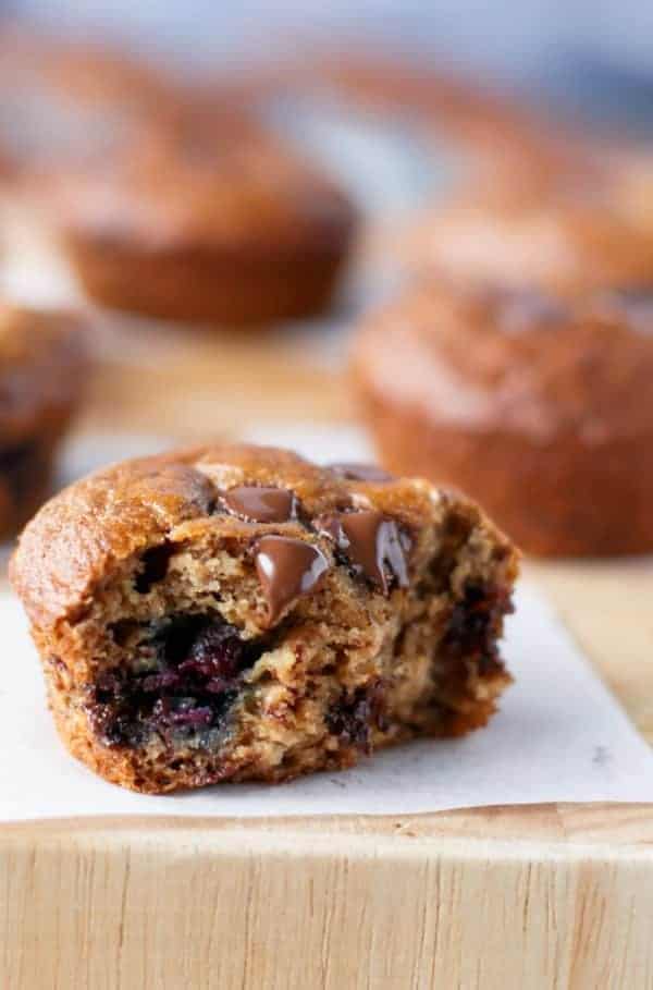 Fluffy Healthy Banana Muffins with juicy blueberries and melt Banana and Blueberry Chocolate Chip Muffins