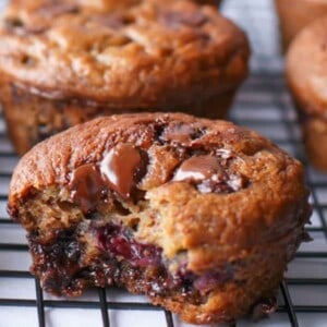 Banana and Blueberry Chocolate Chip Muffins on a cooling rack