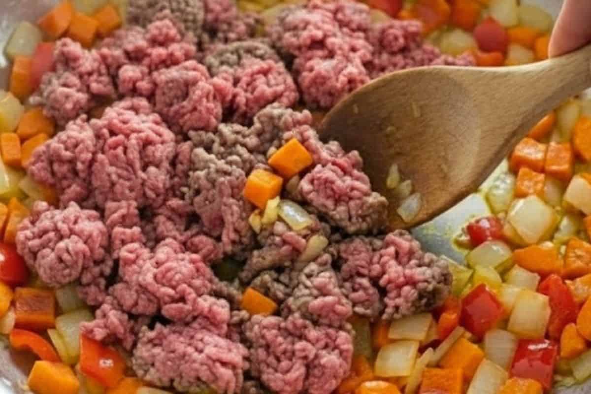 Add ground beef and break it apart as it cooks.