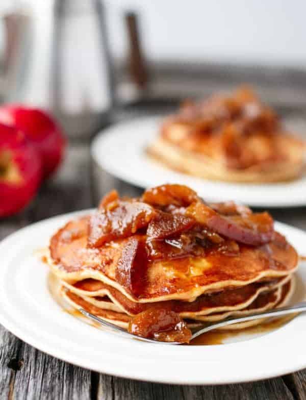 Juicy soft apple pieces enwrapped in vanilla and cinnamon fluffy pancakes Caramel Apple Pancakes