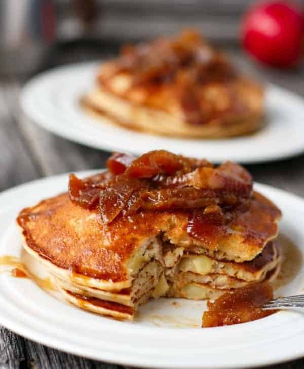 Juicy soft apple pieces enwrapped in vanilla and cinnamon fluffy pancakes Caramel Apple Pancakes