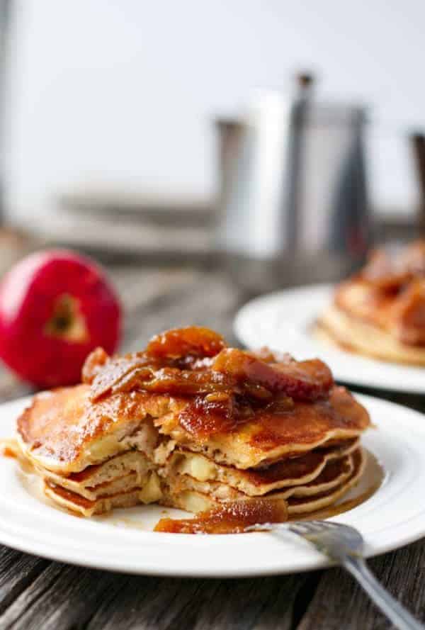 Juicy soft apple pieces enwrapped in vanilla and cinnamon fluffy pancakes Caramel Apple Pancakes