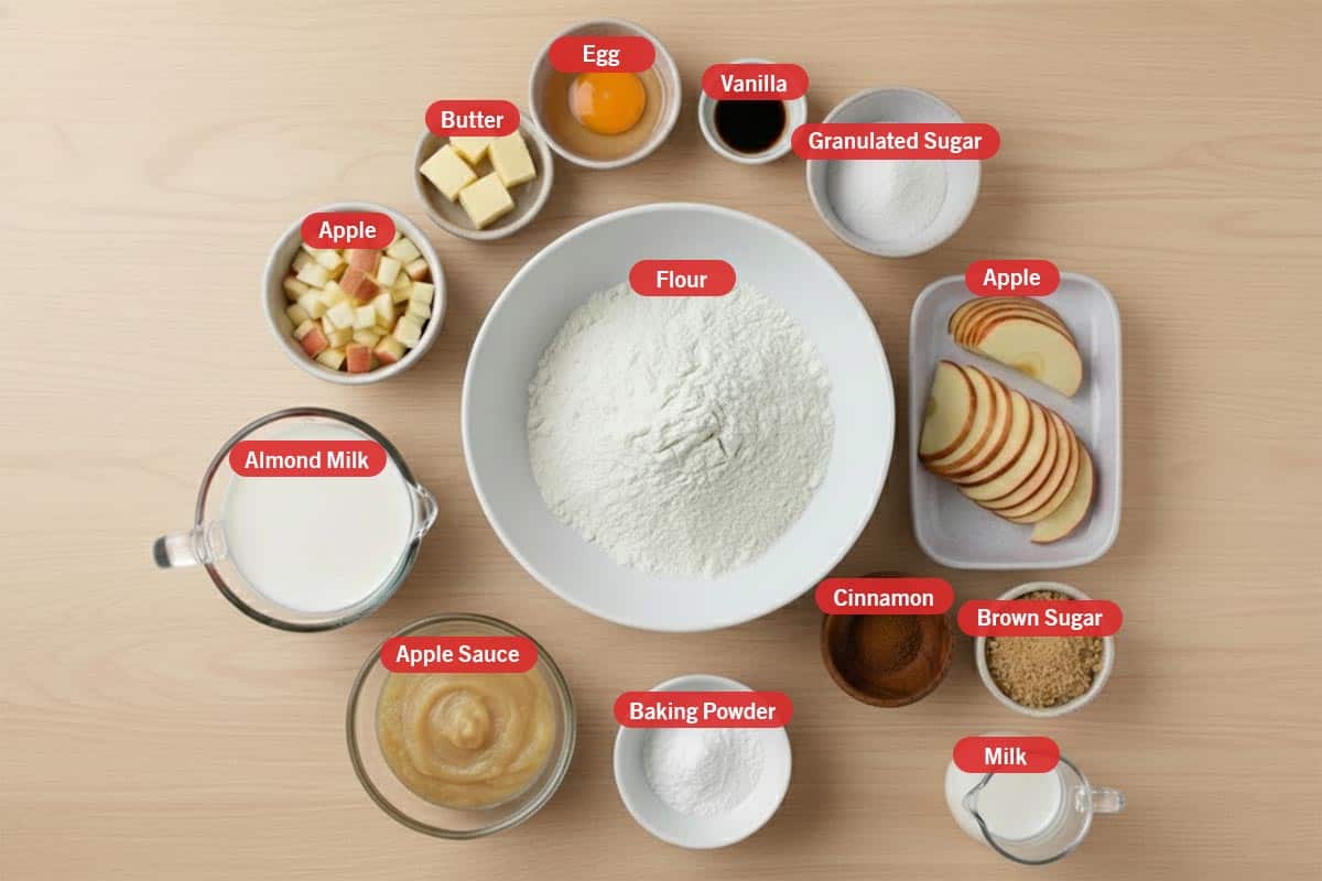 Top shot of ingredients: apple, cinnamon, brown sugar, milk, baking powder, apple sauce, almond milk, flour, butter, egg, vanilla, and granulated sugar. - 2