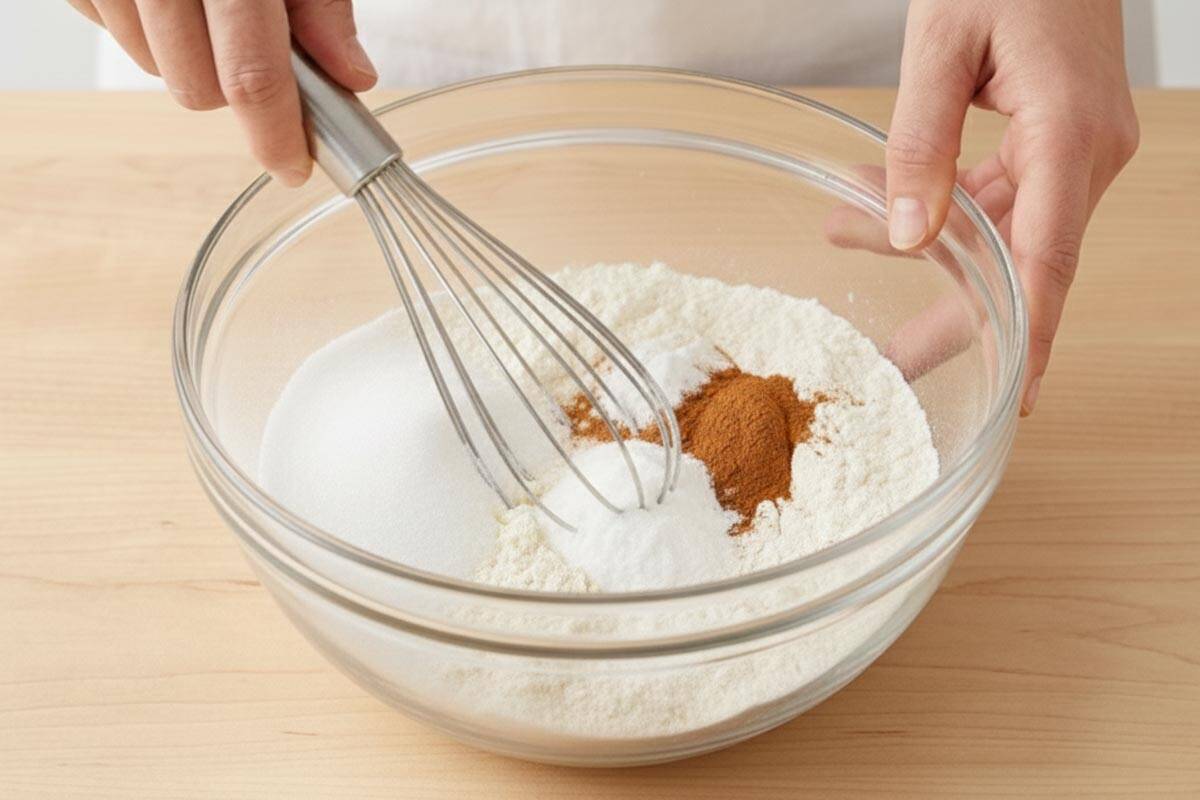 Mixing the flour, baking powder, sweetener or sugar, and cinnamon together in a medium bowl. - 3
