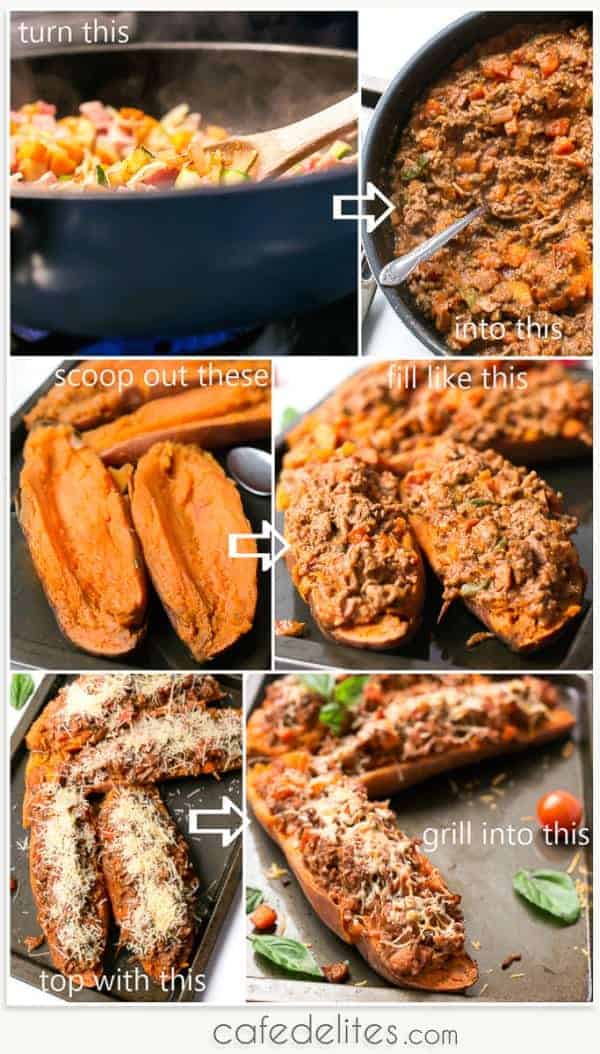  Cheesy Bacon Bolognese Stuffed Sweet Potatoes Cheesy Bacon Bolognese Stuffed Sweet Potatoes