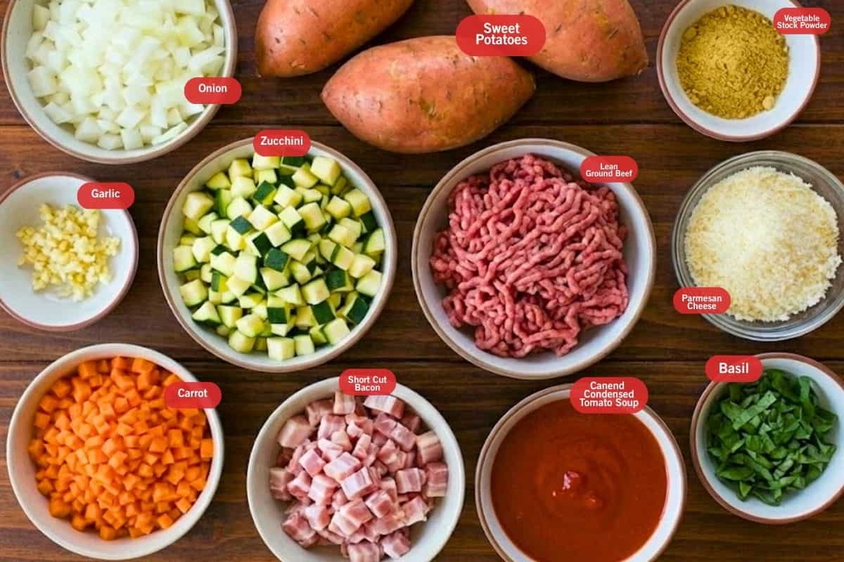 Flat lay photo of ingredient shot of onion, sweet potatoes, vegetable stock powder, lean ground beef, parmesan cheese, basil, canned condensed tomato soup, short cut bacon, carrot, garlic, zucchini - 2