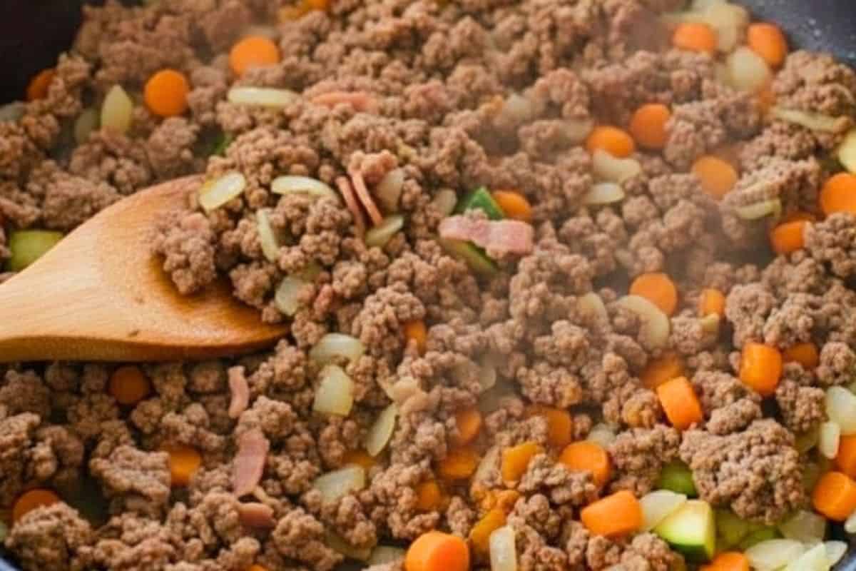 Add the diced bacon and cook until lightly crisp, then stir in the ground beef and cook while breaking it apart - 6