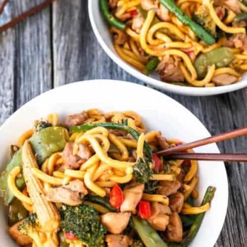 Chicken Noodle Stir fry with chopsticks in a bowl