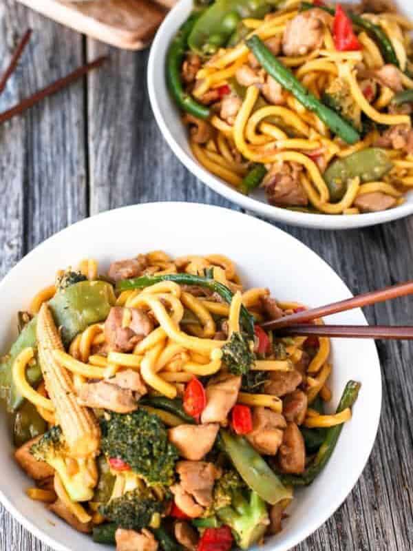 Chicken Noodle Stir fry with chopsticks in a bowl