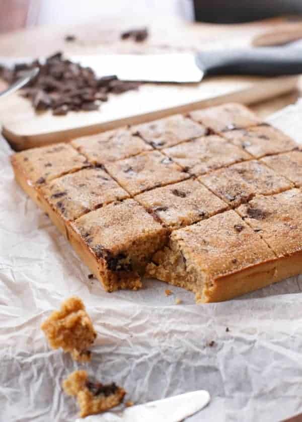 Churro Chocolate Chunk Blondies on https://cafedelites.com