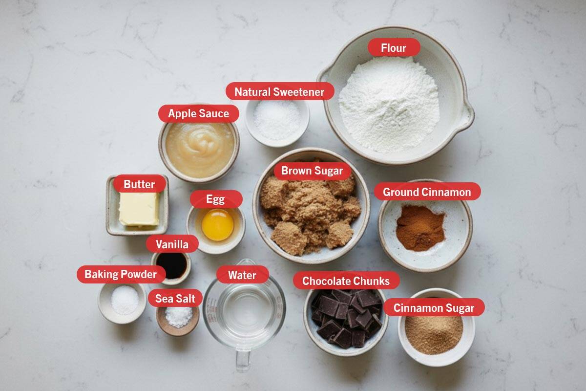 Top shot of ingredients: butter, apple sauce, natural sweetener, flour, baking powder, vanilla, egg, brown sugar, ground cinnamon, sea salt, water, chocolate chunks, cinnamon sugar. - 2