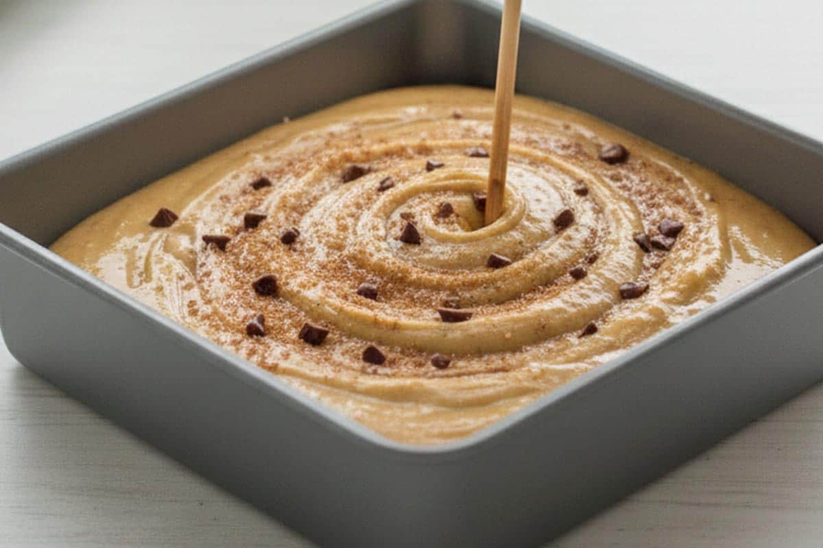 Using a skewer to swirl the cinnamon sugar and chocolate into the batter to make a ripple. - 8