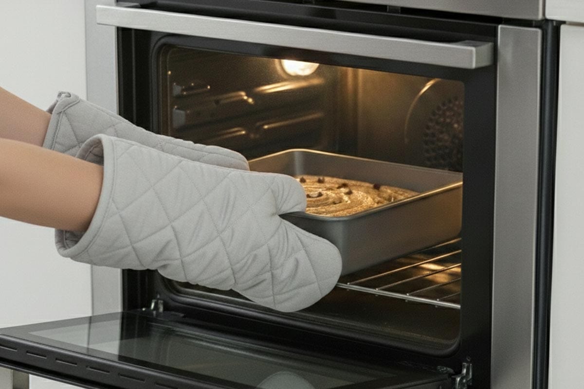 Placing the tray into the oven. - 9