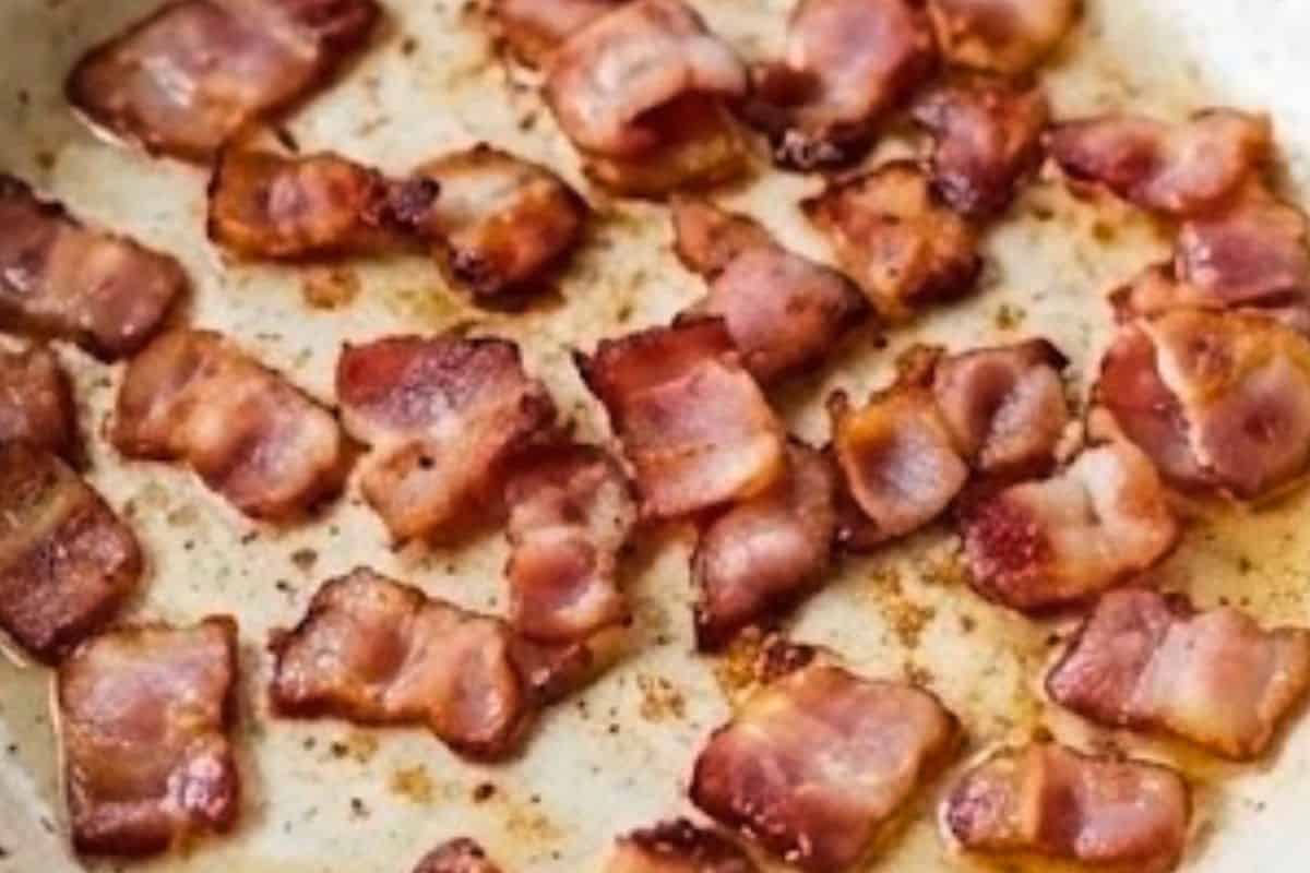 Fry three quarters of the bacon in a pan over medium heat until crisp. - 5