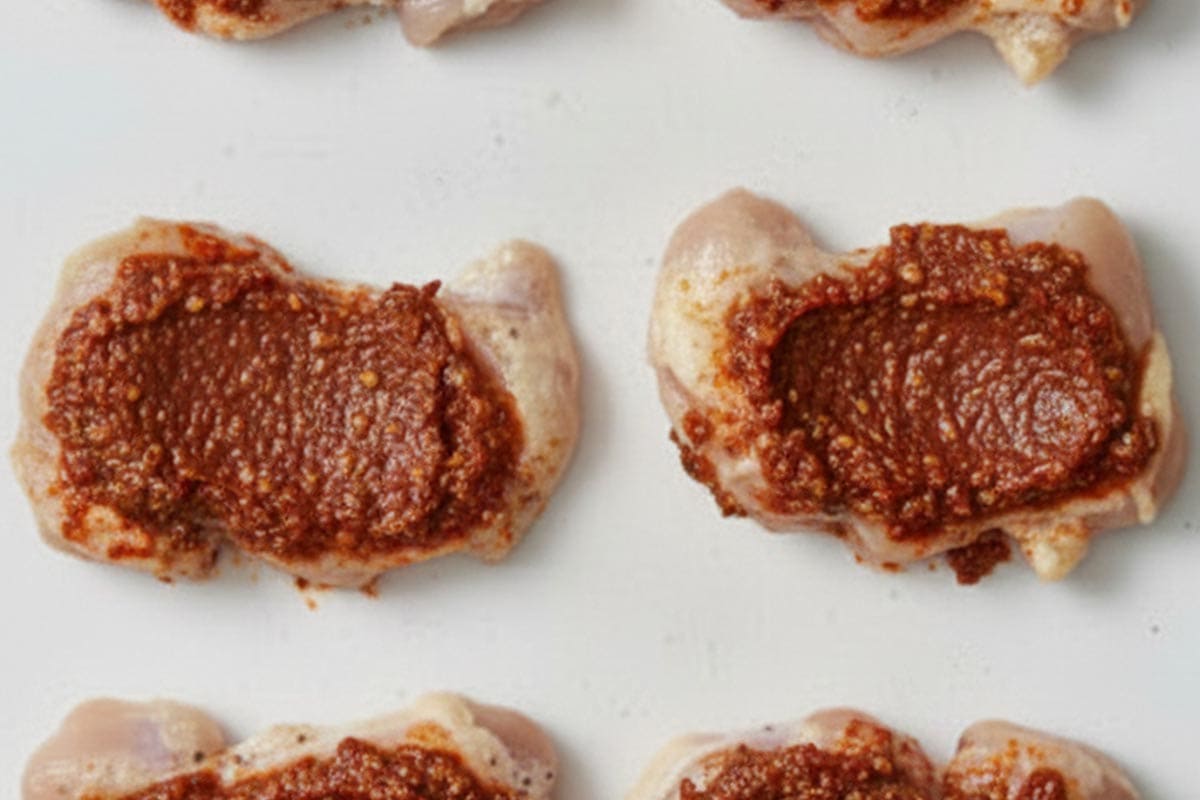 Spread the pesto over each thigh. - 5