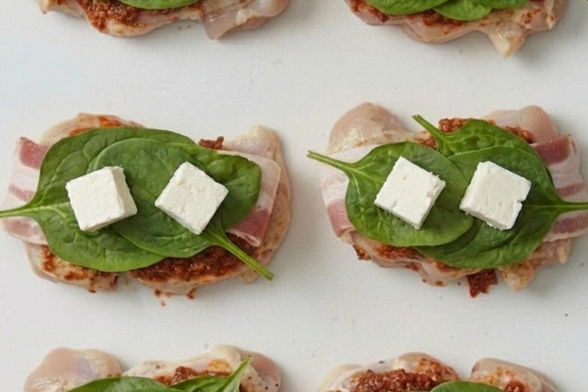 Added bacon, spinach leaves, and feta cubes evenly over each seasoned chicken thigh. - 6