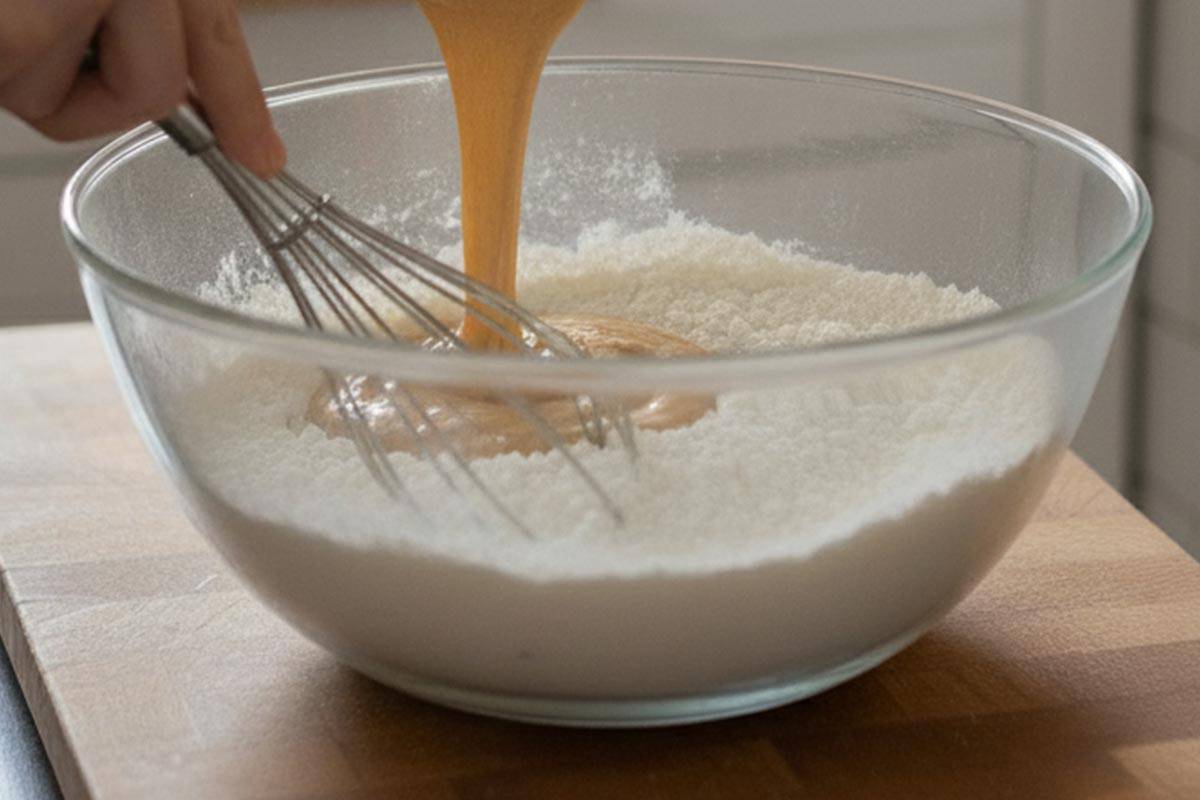 Pouring the wet mixture into the dry ingredients. - 6