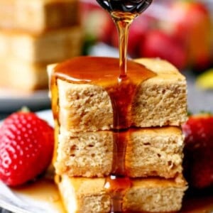 Maple syrup drizzling over Pancake Blondies