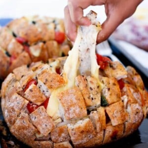 Cheesy Pizza Pull Apart Bread on a tray