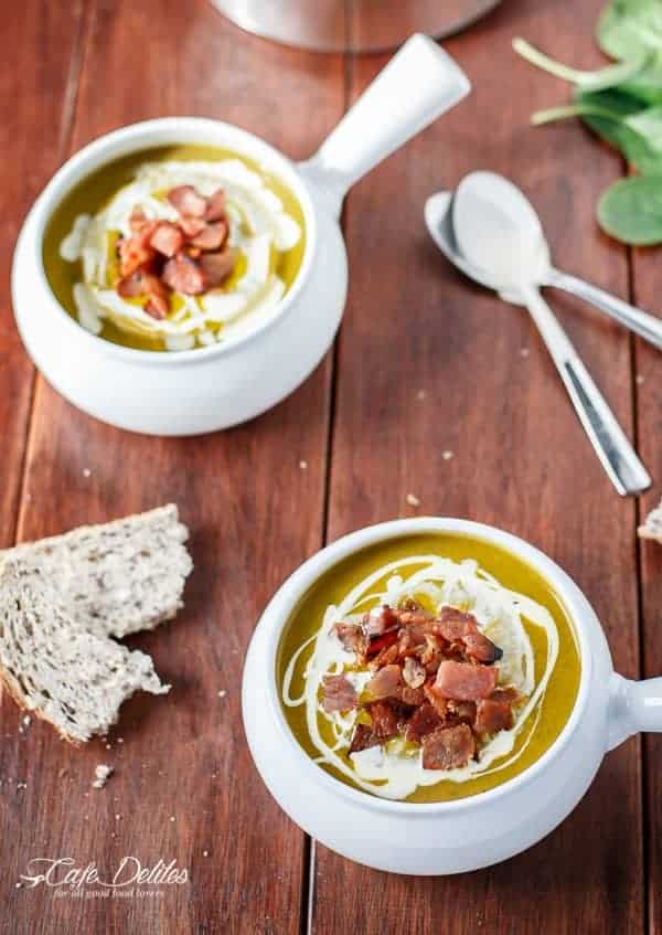 Creamy Pumpkin and Spinach Soup with Crispy Bacon | https://cafedelites.com 
