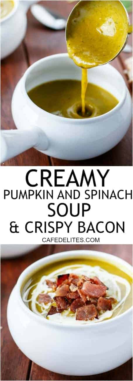 Creamy Pumpkin and Spinach Soup with Crispy Bacon | https://cafedelites.com