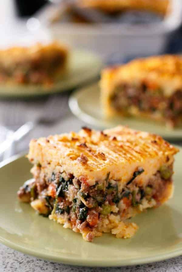 Beef and Pumpkin Shepards Pie piece on a plate