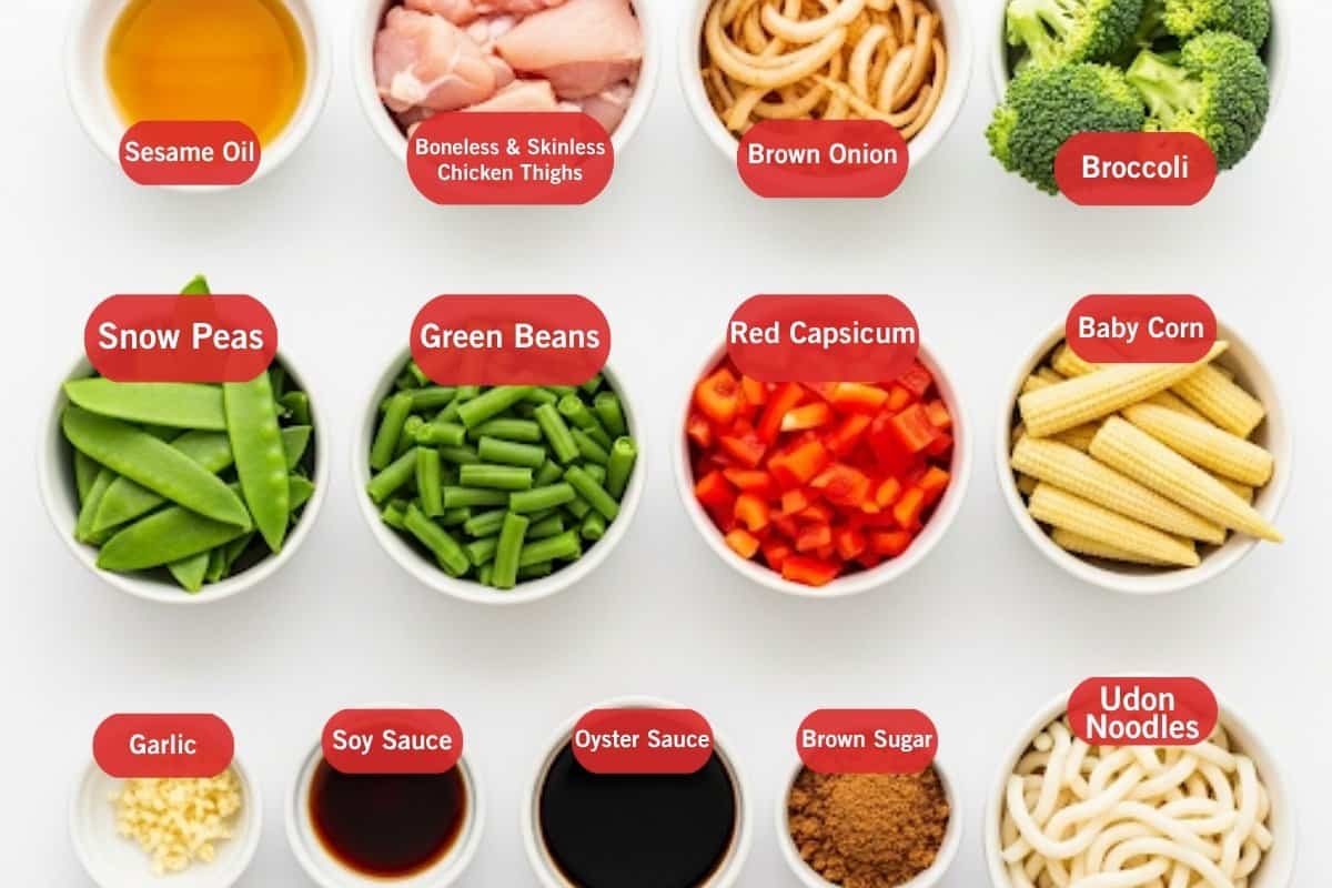 Flay lay of ingredient photo of sesame oil, boneless & skinless chicken thighs, brown onions, broccoli, snow peas, green beans, red capsicum, baby corn, garlic, soy sauce, oyster sauce, brown sugar, udon noodles