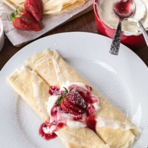 Strawberry Cheesecake Crepes on a plate