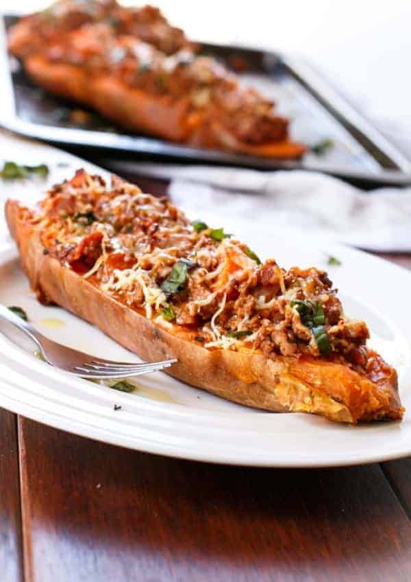 Cheesy Bacon Bolognese Stuffed Sweet Potatoes